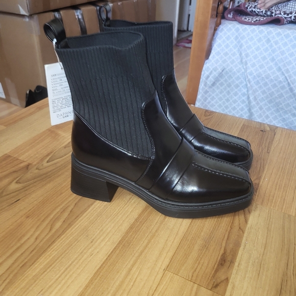 Women's Genuine Leather Square Toe Ankle Boots with Chunky Heel - Winter Knitted - Picture 13 of 16